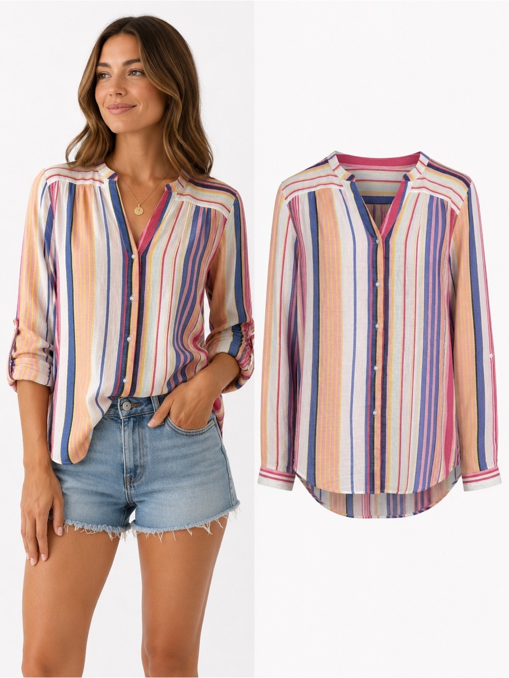Hope & Harlow | Striped Lightweight Button Front Blouse | Size Medium